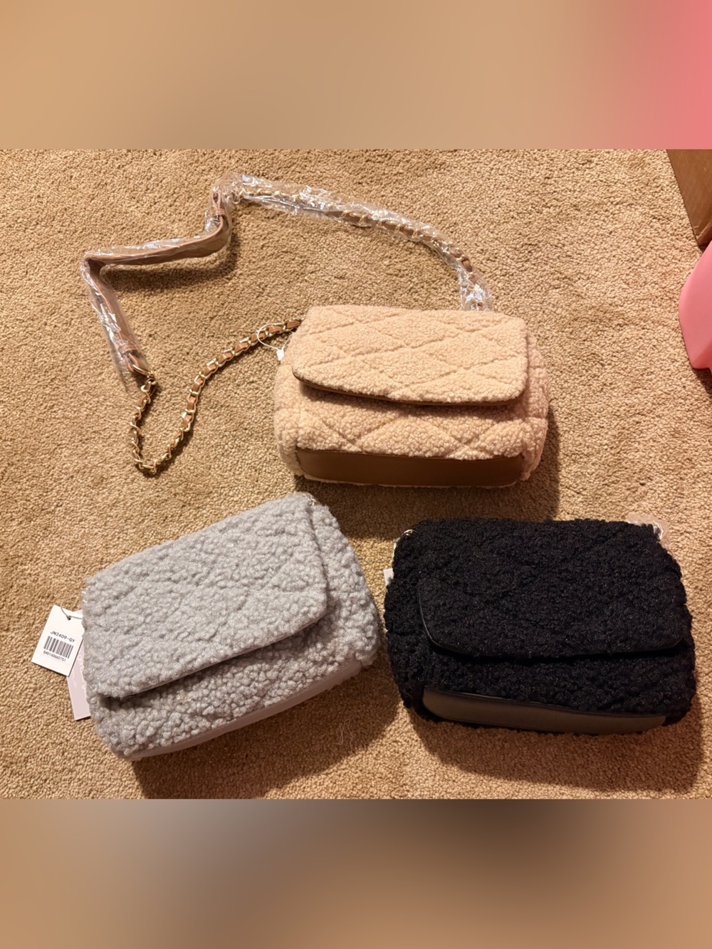 Plush Sherpa Crossbody Bag Bundle - Beige, Gray, Black